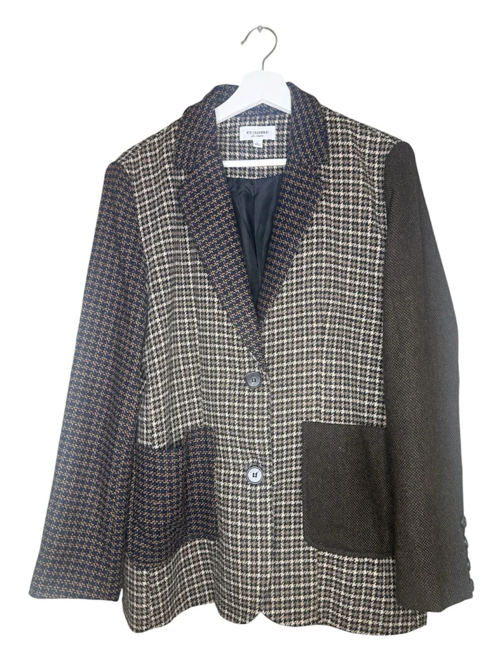 ee-some Brown Mixed Tweed Houndstooth Patchwork Oversized Blazer size Large